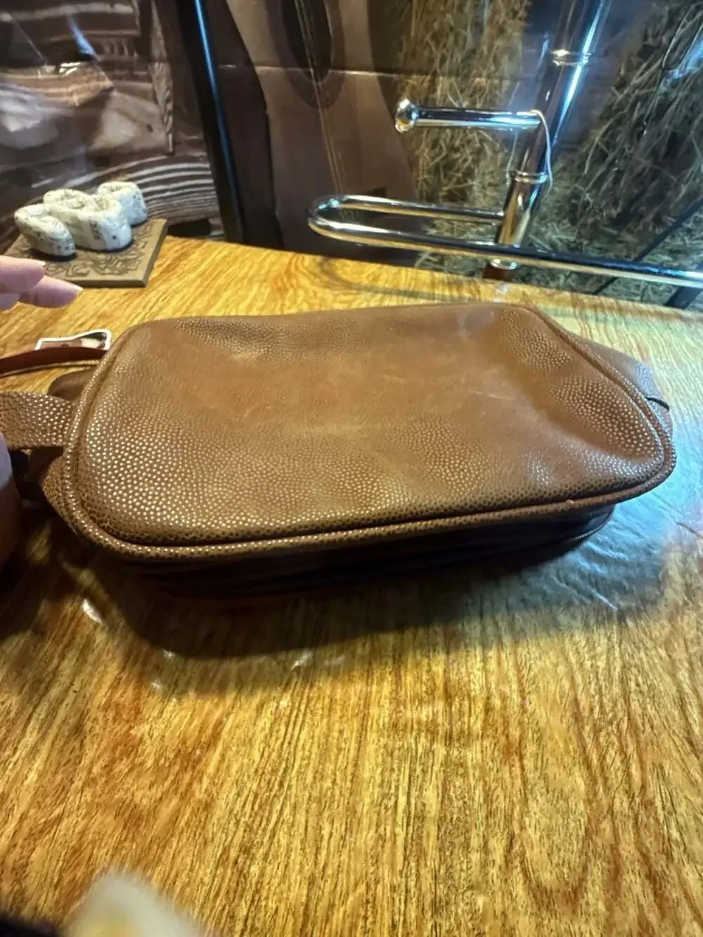Lagerfeld Brown Pebbled Leather Toiletry Travel Bag